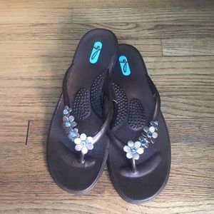 OKA B Bronze Sandals with floral rhinestone detail